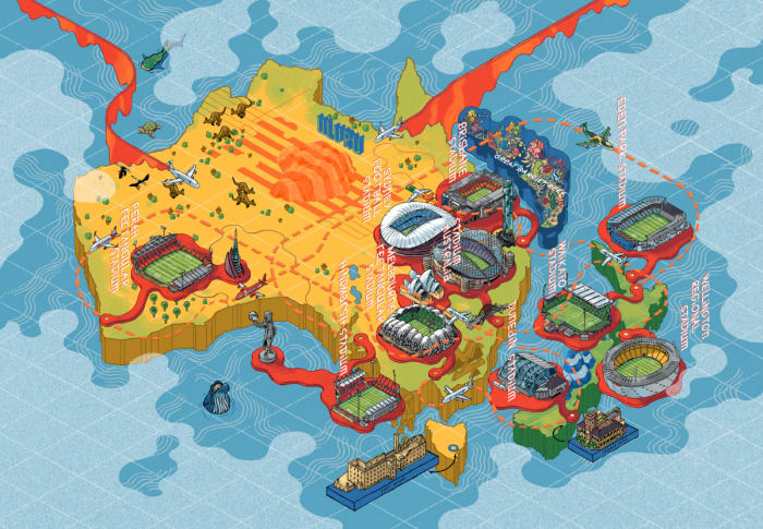An illustrated map of Australia and New Zealand, showcasing the 10 stadiums that will be used during the Women's World Cup.